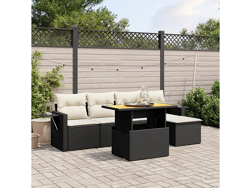 Salon de jardin 6 pcs avec coussins noir résine tressée