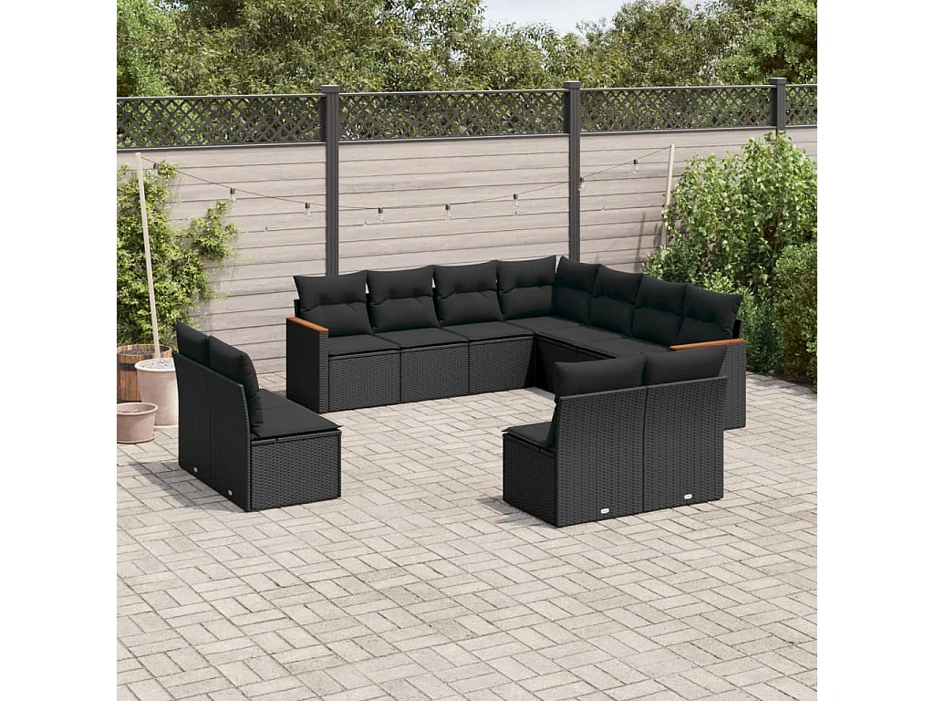 11-tlg. Garten-Sofagarnitur mit Kissen Schwarz Poly Rattan