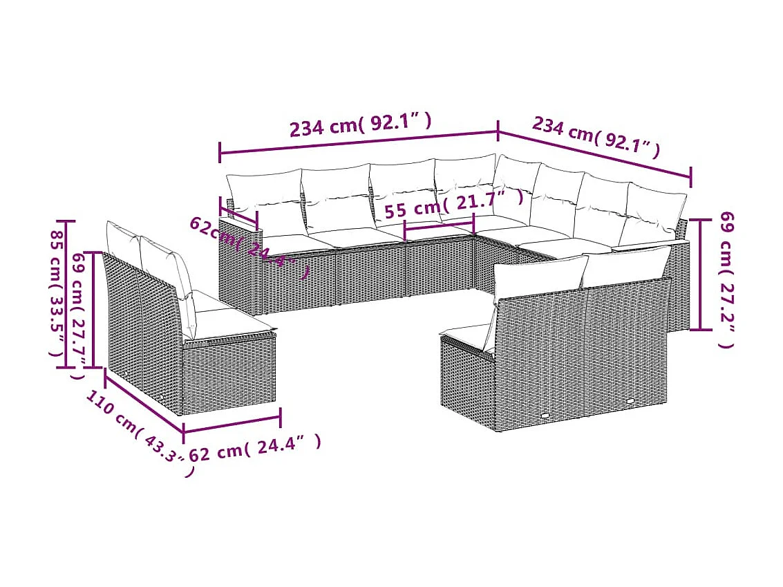 11-tlg. Garten-Sofagarnitur mit Kissen Schwarz Poly Rattan
