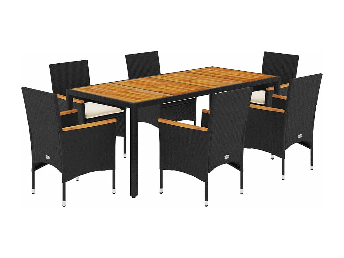 7 pcs conjunto jantar jardim c/ almofadões vime PE/acácia preto