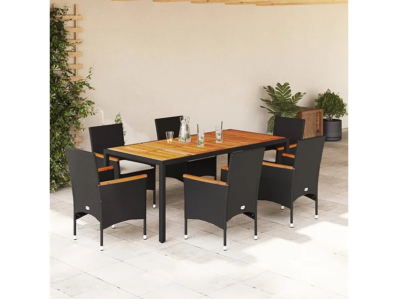 Set Pranzo da Giardino 7 pz Nero con Cuscini Polyrattan Acacia