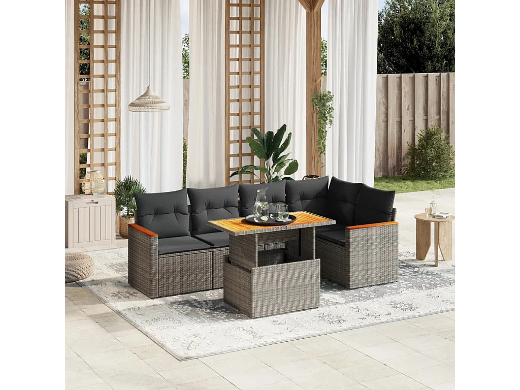 6-tlg. Garten-Sofagarnitur mit Kissen Grau Poly Rattan