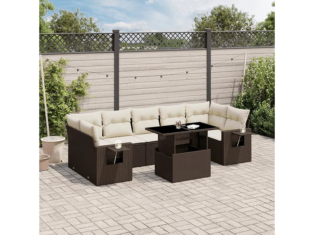 Salon de jardin 8 pcs avec coussins marron résine tressée