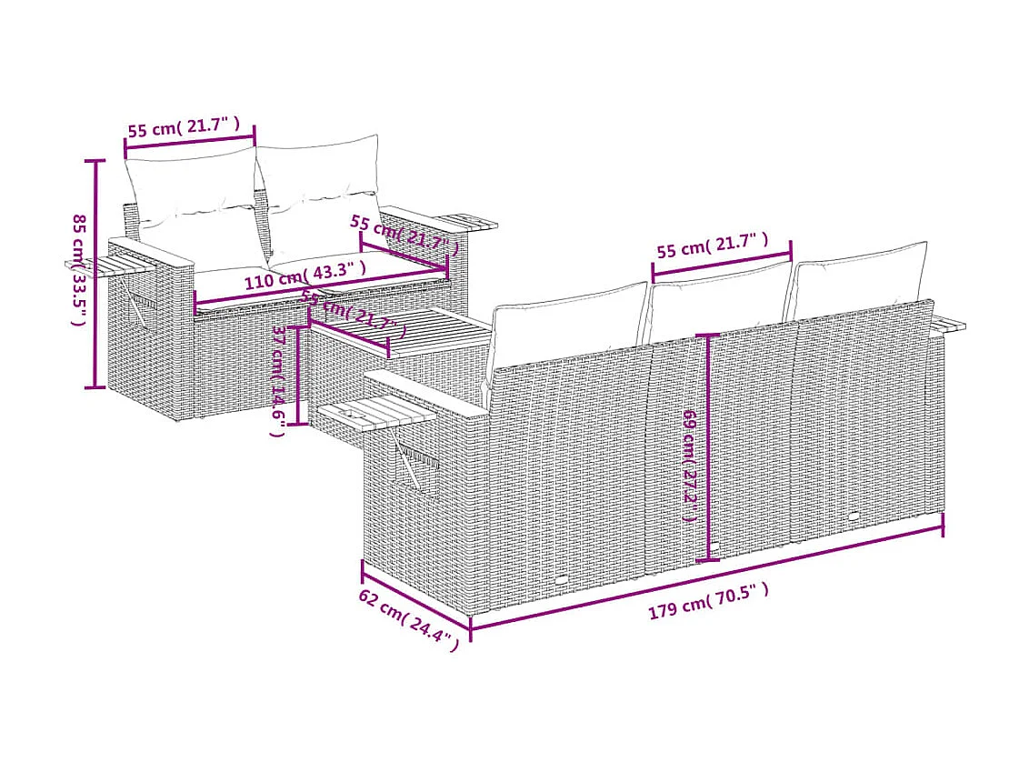 6-delige Loungeset met kussens poly rattan beige