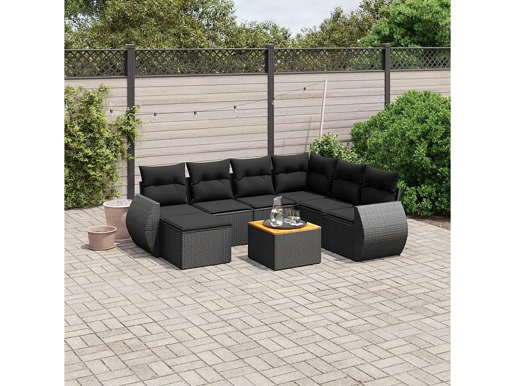 Set Divani da Giardino con Cuscini 8 pz Nero in Polyrattan