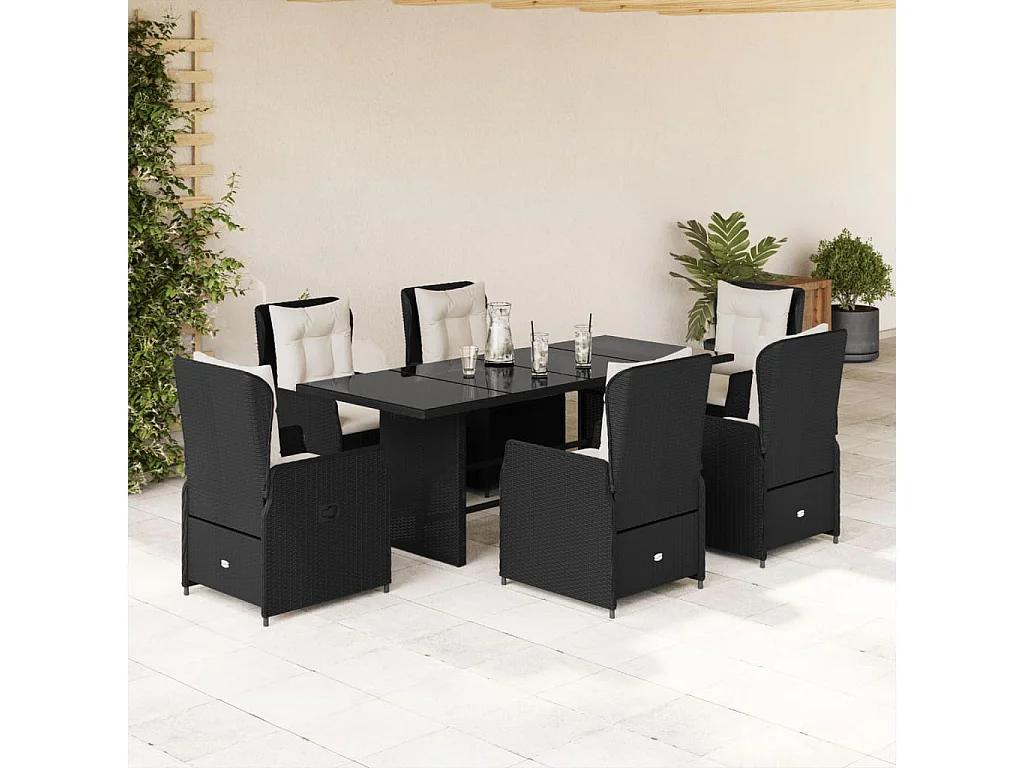 Set da Pranzo da Giardino 7 pz Nero con Cuscini in Polyrattan