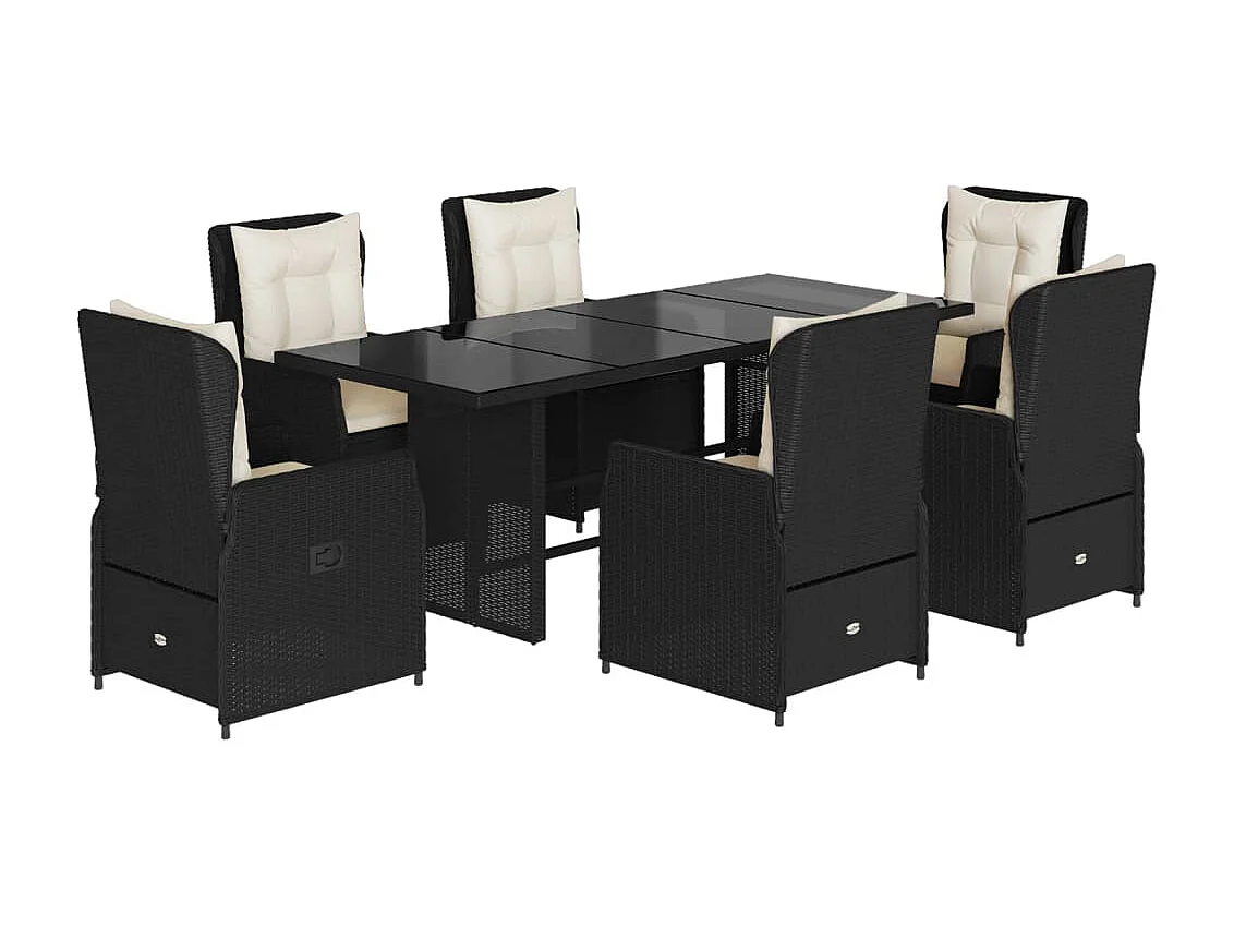 Set da Pranzo da Giardino 7 pz Nero con Cuscini in Polyrattan