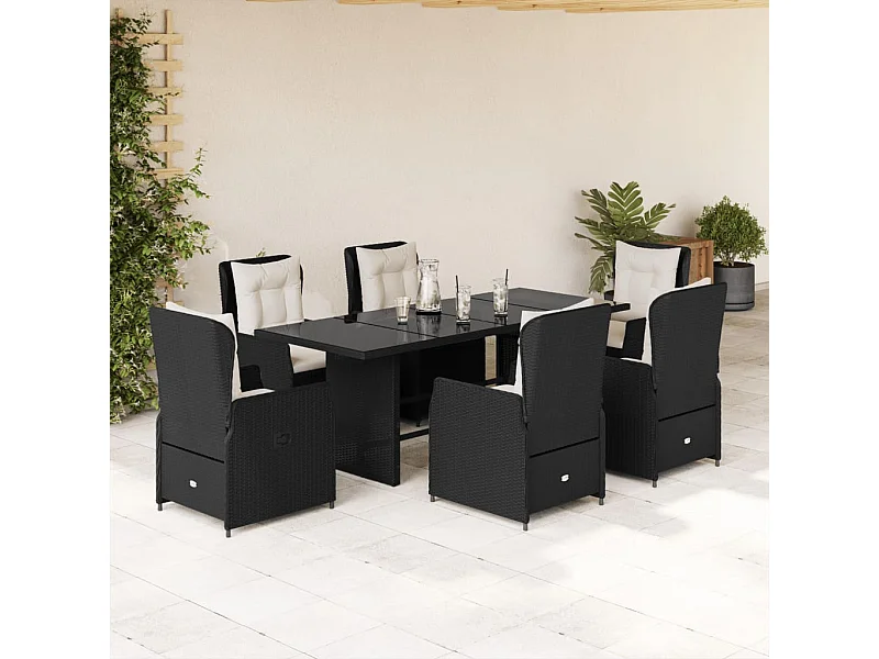 Ensemble à manger de jardin coussins 7pcs Noir Résine tressée