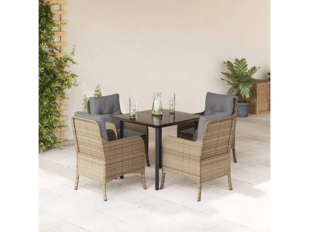 Set da Pranzo da Giardino 5 pz con Cuscini Beige in Polyrattan