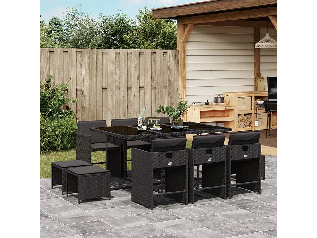 11 pcs conjunto de jantar p/ jardim c/ almofadões vime PE preto