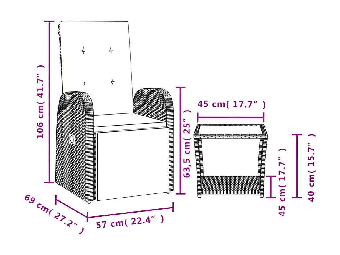 Ensemble à manger de jardin et coussins 2 pcs gris rotin