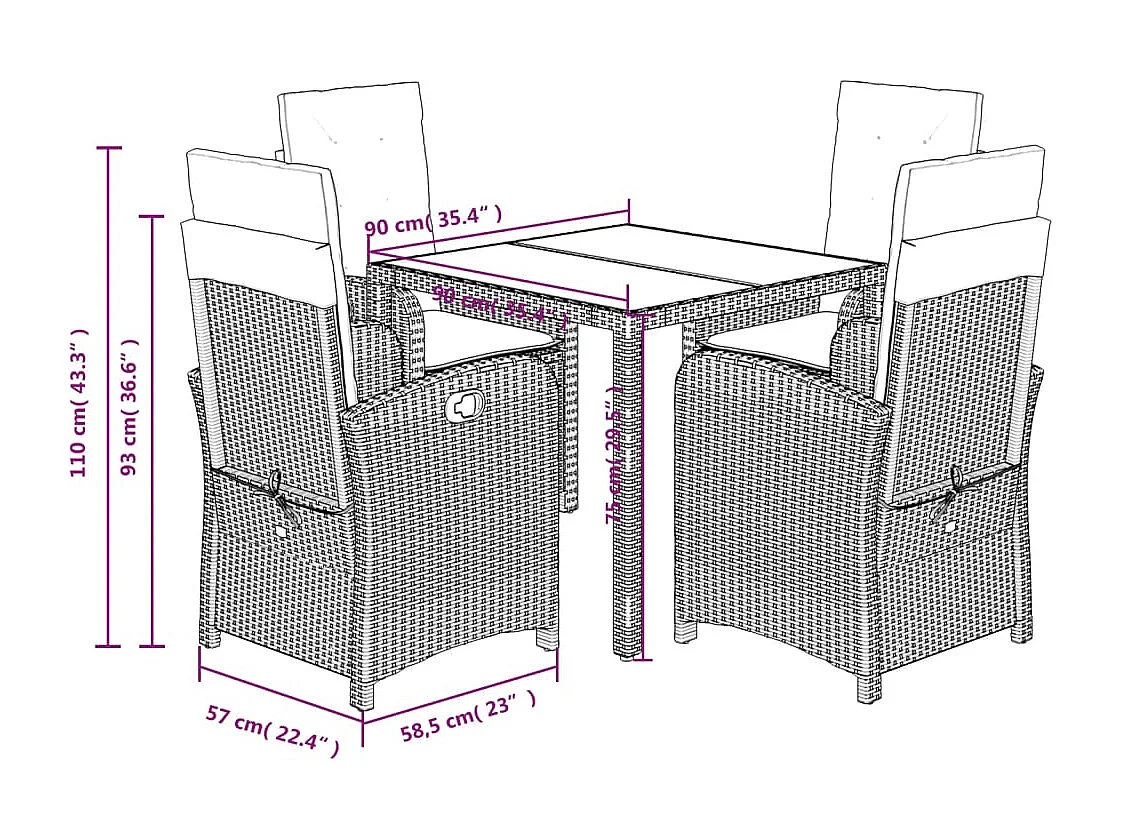 Set da Pranzo da Giardino 5 pz Nero con Cuscini in Polyrattan