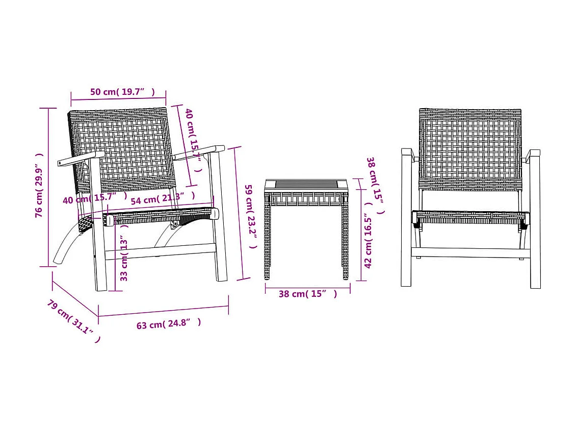 3-tlg. Bistro-Set Schwarz Poly Rattan und Massivholz Akazie