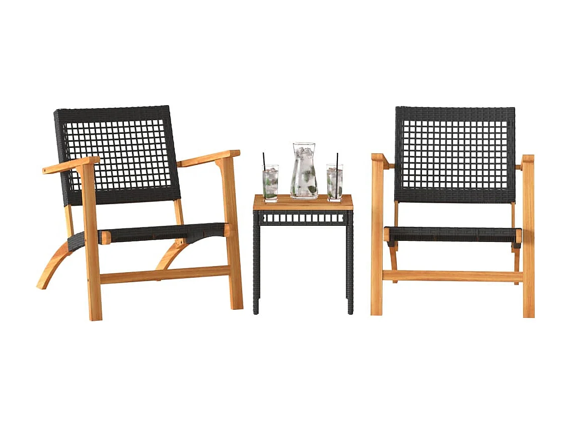 3-tlg. Bistro-Set Schwarz Poly Rattan und Massivholz Akazie