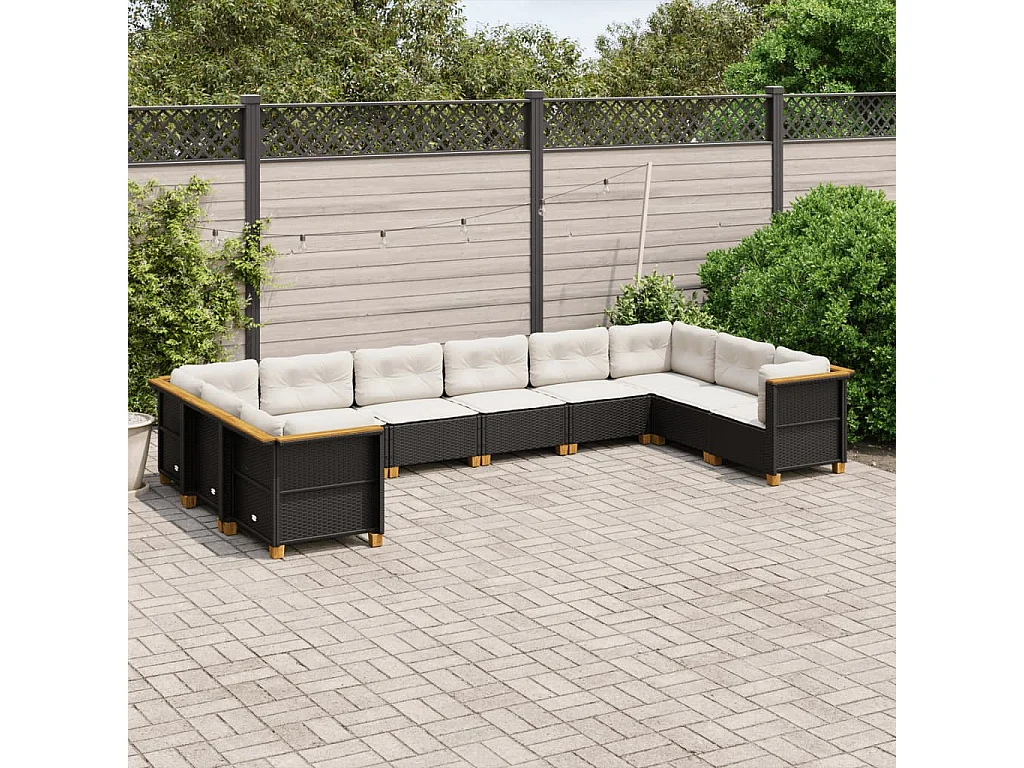 Salon de jardin 10 pcs avec coussins noir résine tressée
