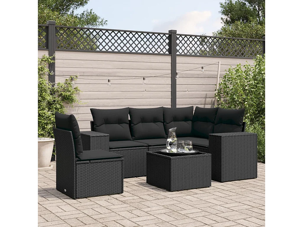 6-tlg. Garten-Sofagarnitur mit Kissen Schwarz Poly Rattan