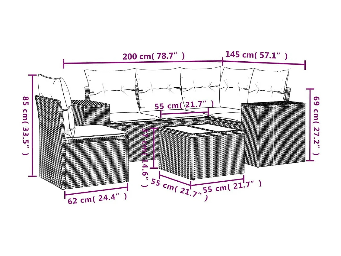 6-tlg. Garten-Sofagarnitur mit Kissen Schwarz Poly Rattan