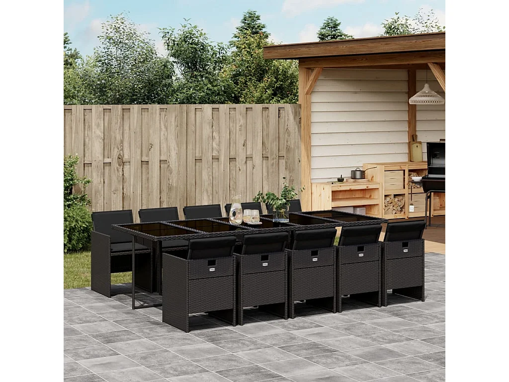 Set de comedor jardín 11 pzas con cojines ratán sintético negro