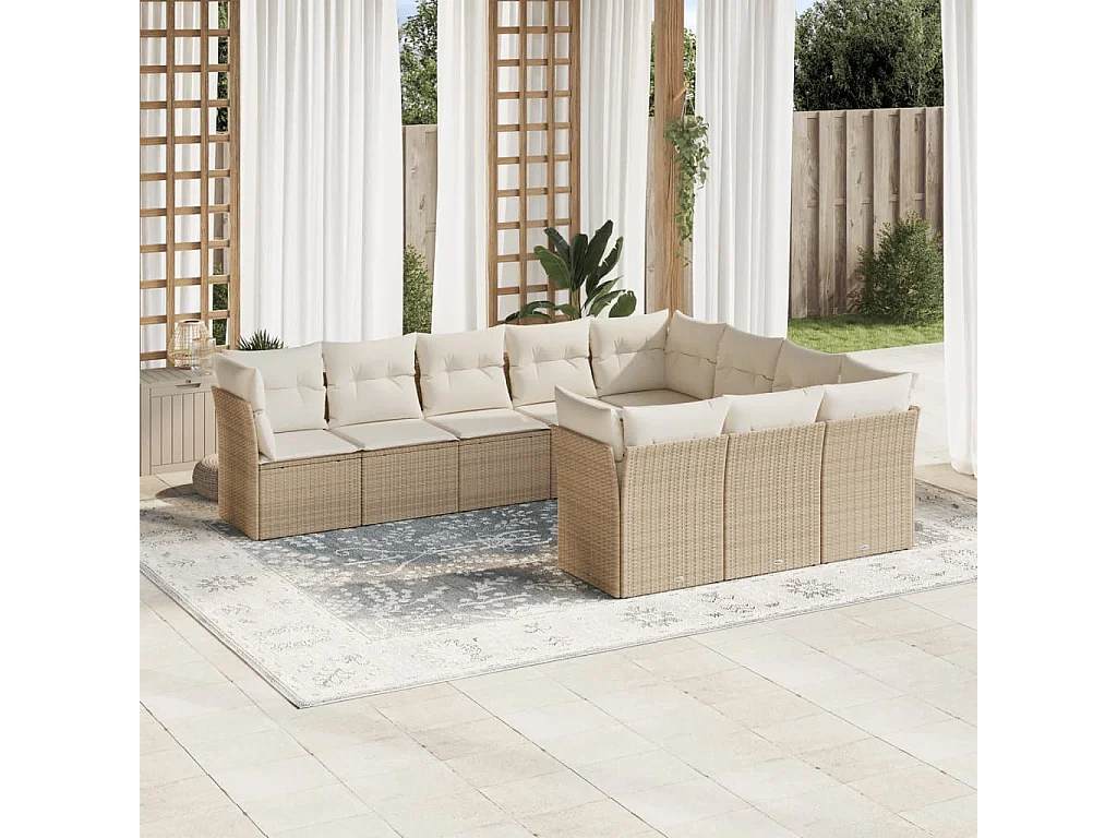 Set Divano da Giardino 10 pz con Cuscini Beige in Polyrattan