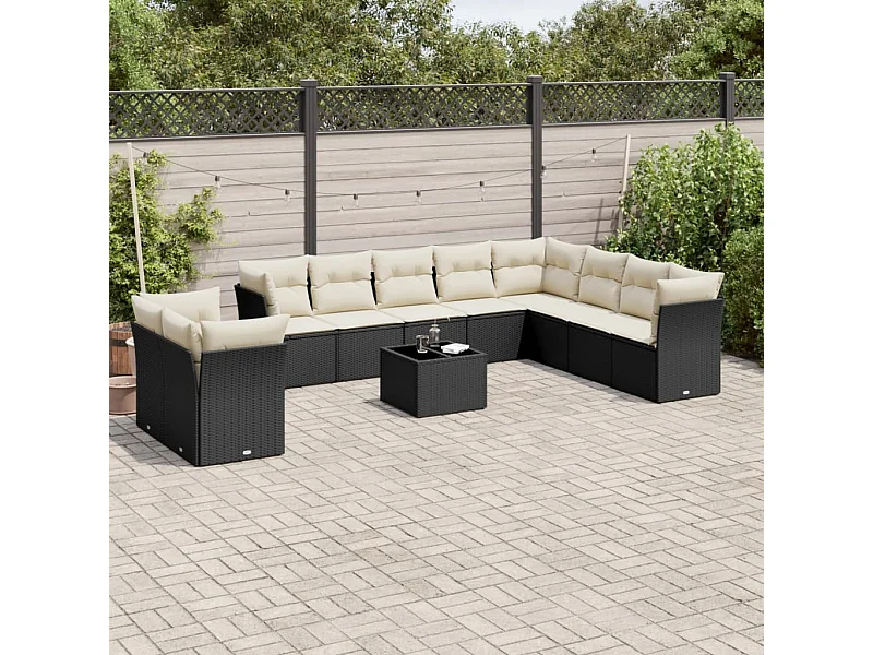 Set de sofás de jardín 11 pzas y cojines ratán sintético negro