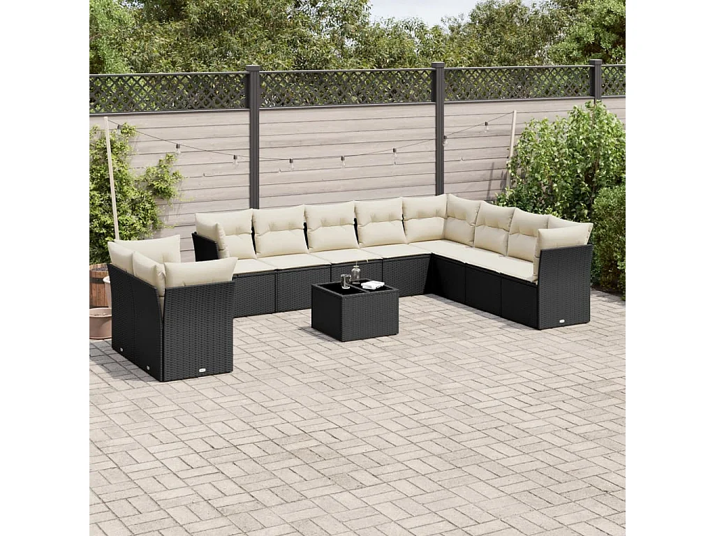 Set de sofás de jardín 11 pzas y cojines ratán sintético negro