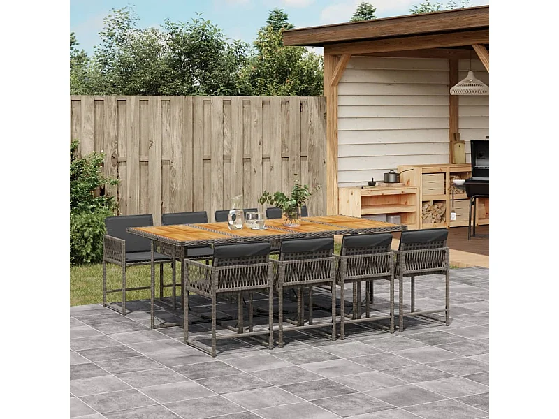 9-tlg. Garten-Essgruppe mit Kissen Grau Poly Rattan