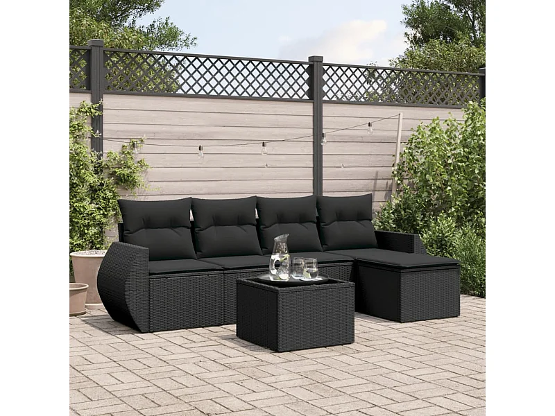 Set Divano da Giardino 6 pz con Cuscini Nero in Polyrattan