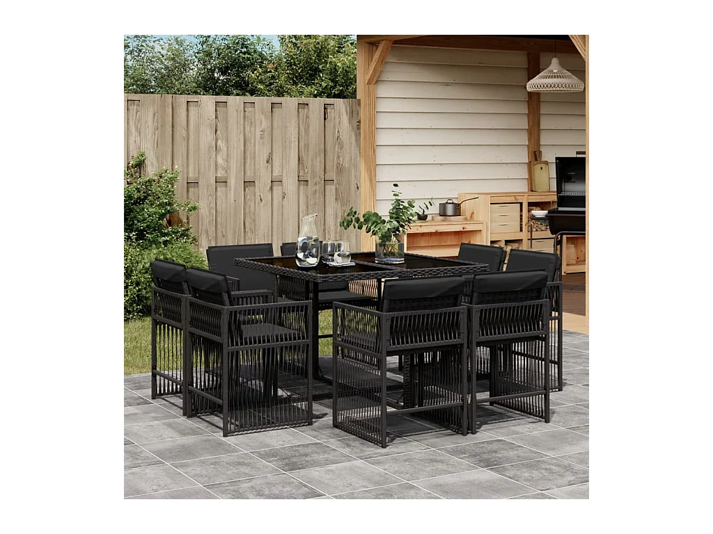 Set da Pranzo da Giardino 9 pz con Cuscini Nero in Polyrattan