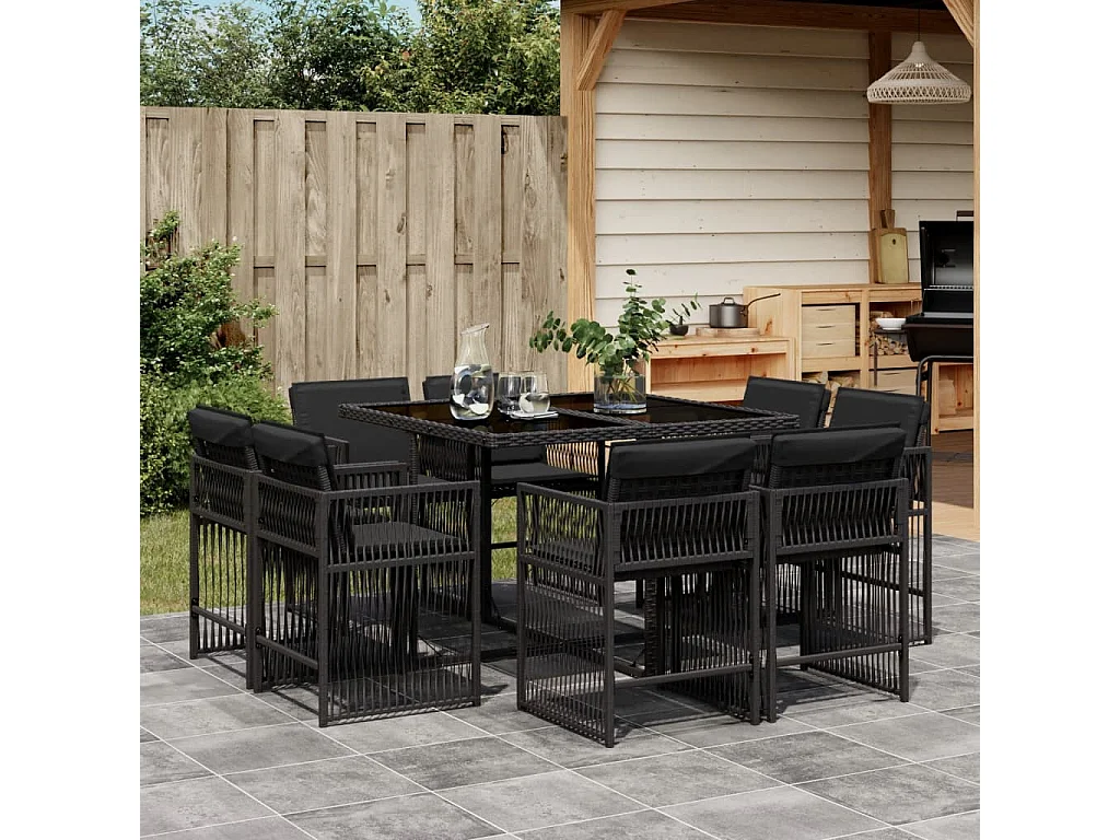 9 pcs conjunto de jantar p/ jardim c/ almofadões vime PE preto