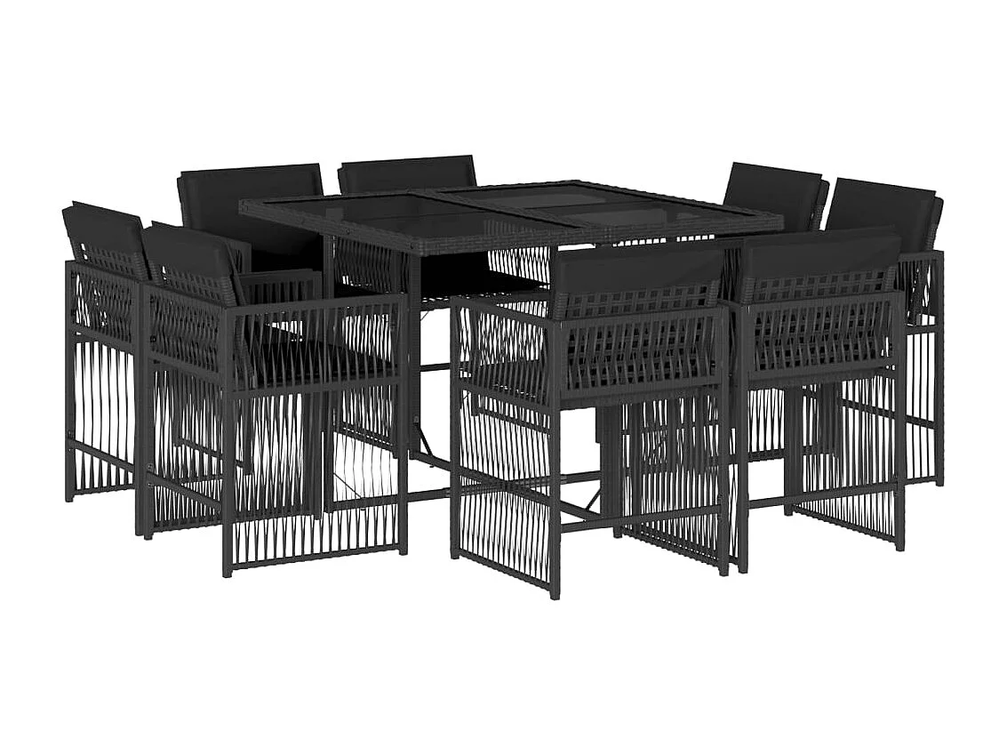 9 pcs conjunto de jantar p/ jardim c/ almofadões vime PE preto