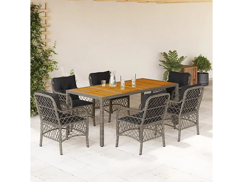 Set comedor jardín 7 pzas y cojines ratán sintético gris