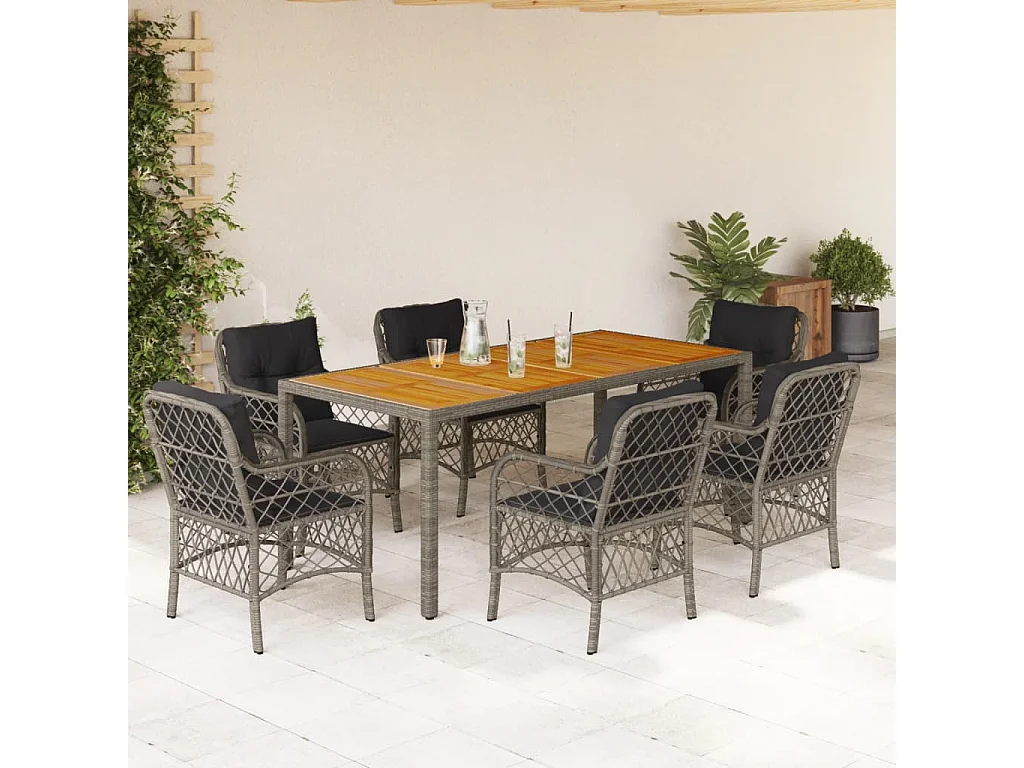 Set da Pranzo da Giardino 7 pz con Cuscini in Polyrattan Grigio