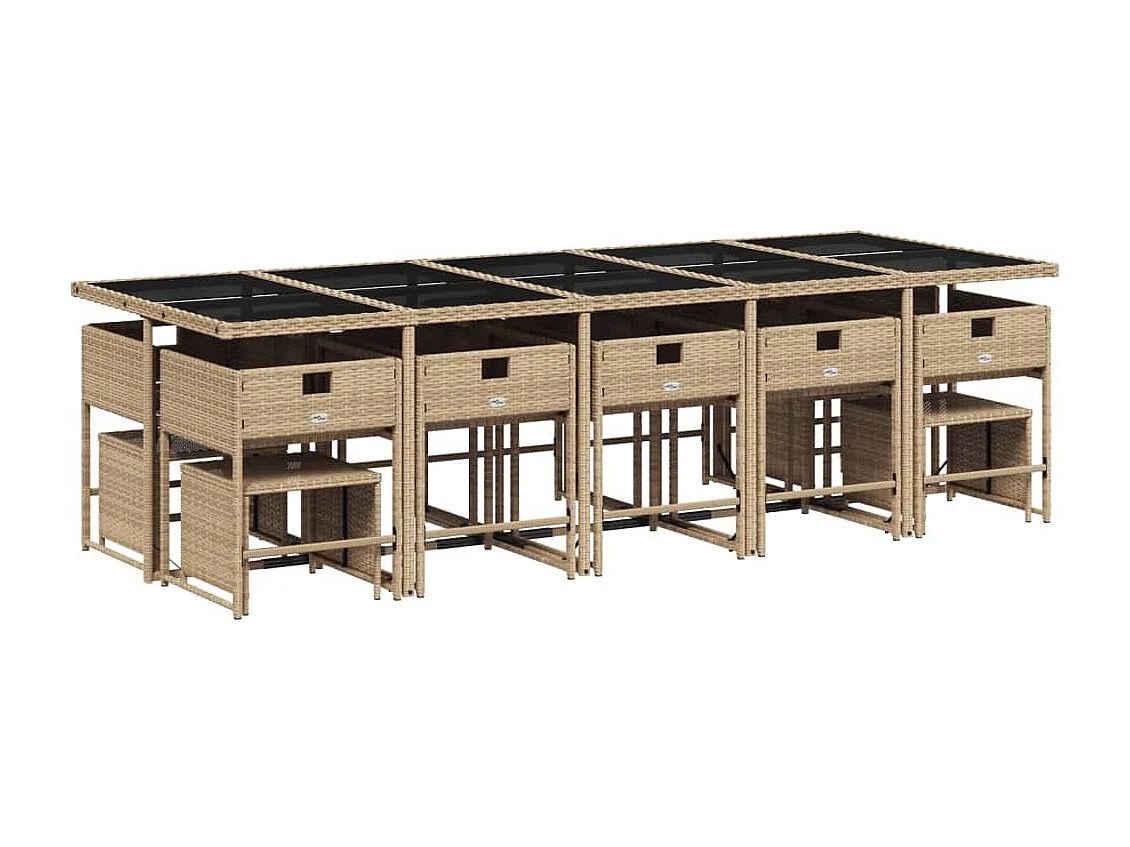 15 pcs conjunto de jantar p/ jardim com almofadões vime PE bege