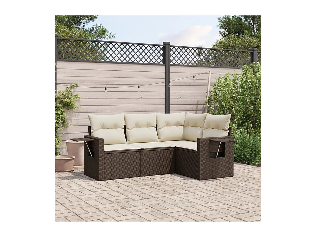 Set Divano da Giardino 4 pz con Cuscini Marrone in Polyrattan