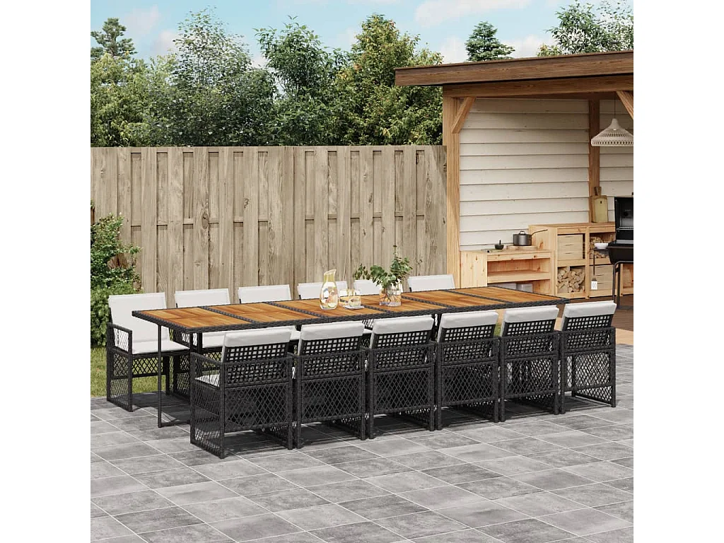 Set da Pranzo da Giardino 13pz con Cuscini Nero in Polyrattan