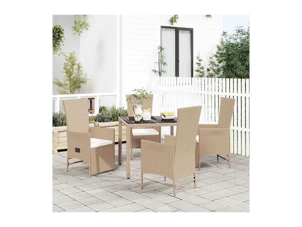 Ensemble à manger de jardin avec coussins 5pcs Beige poly rotin