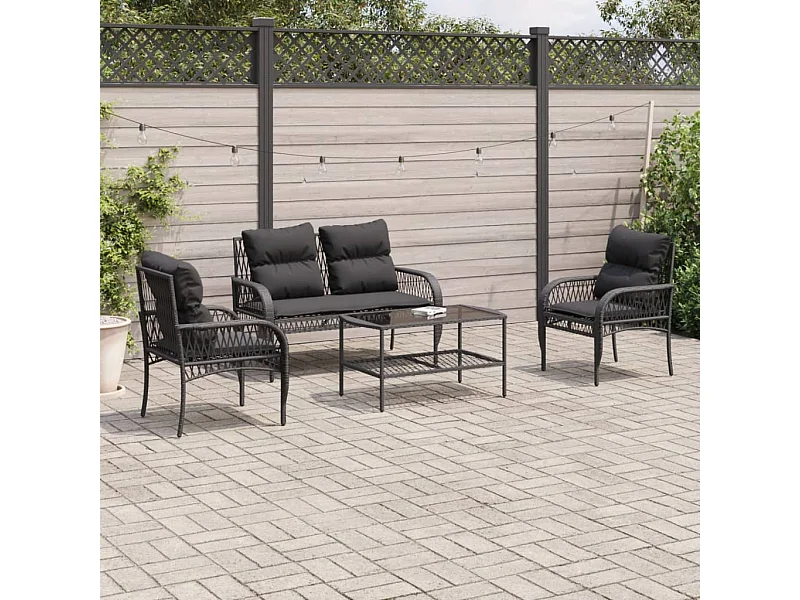 4-delige Loungeset met kussens poly rattan zwart