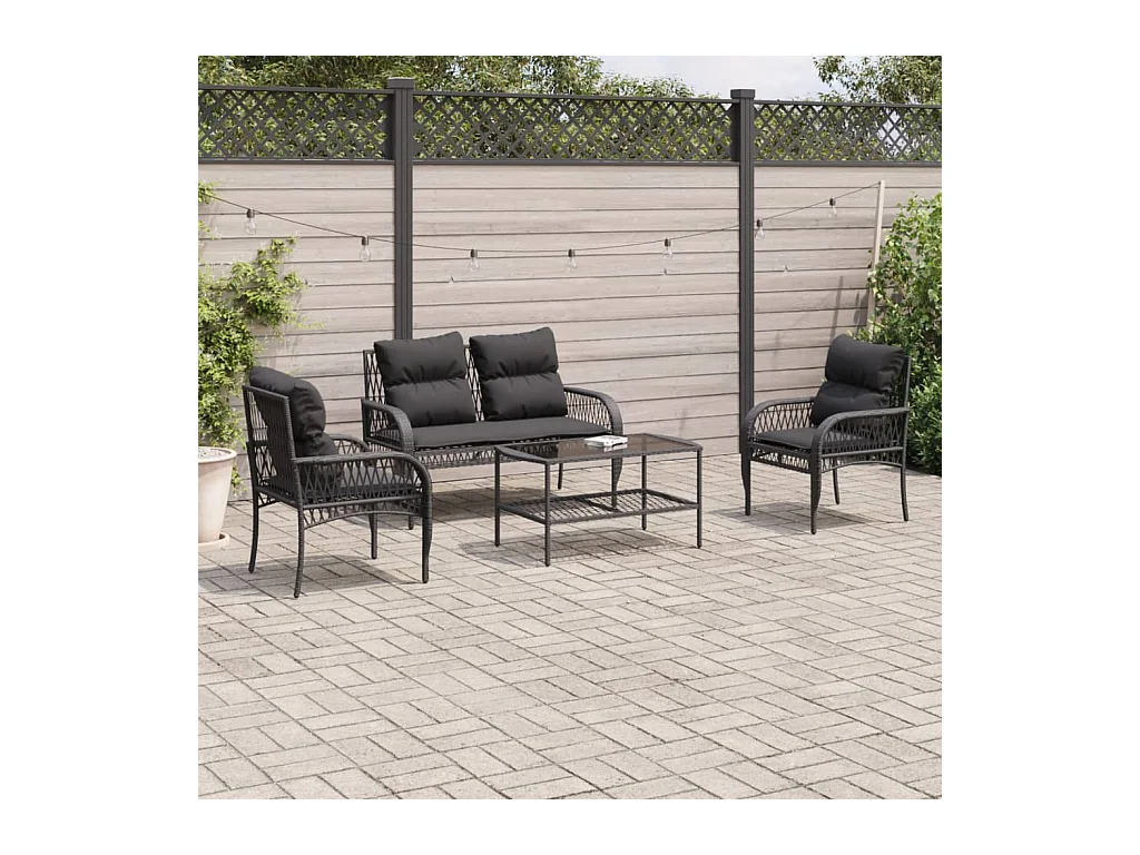 Set Divani da Giardino 4 pz con Cuscini Nero in Polyrattan