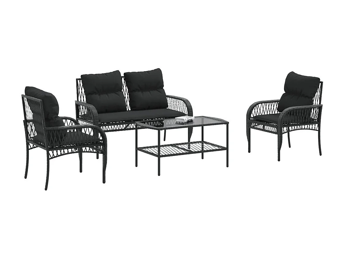 Set Divani da Giardino 4 pz con Cuscini Nero in Polyrattan