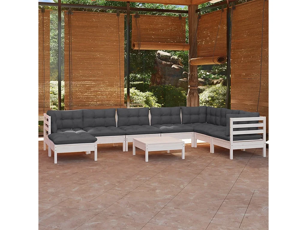 9 pcs conj. lounge de jardim c/ almofadões pinho maciço branco