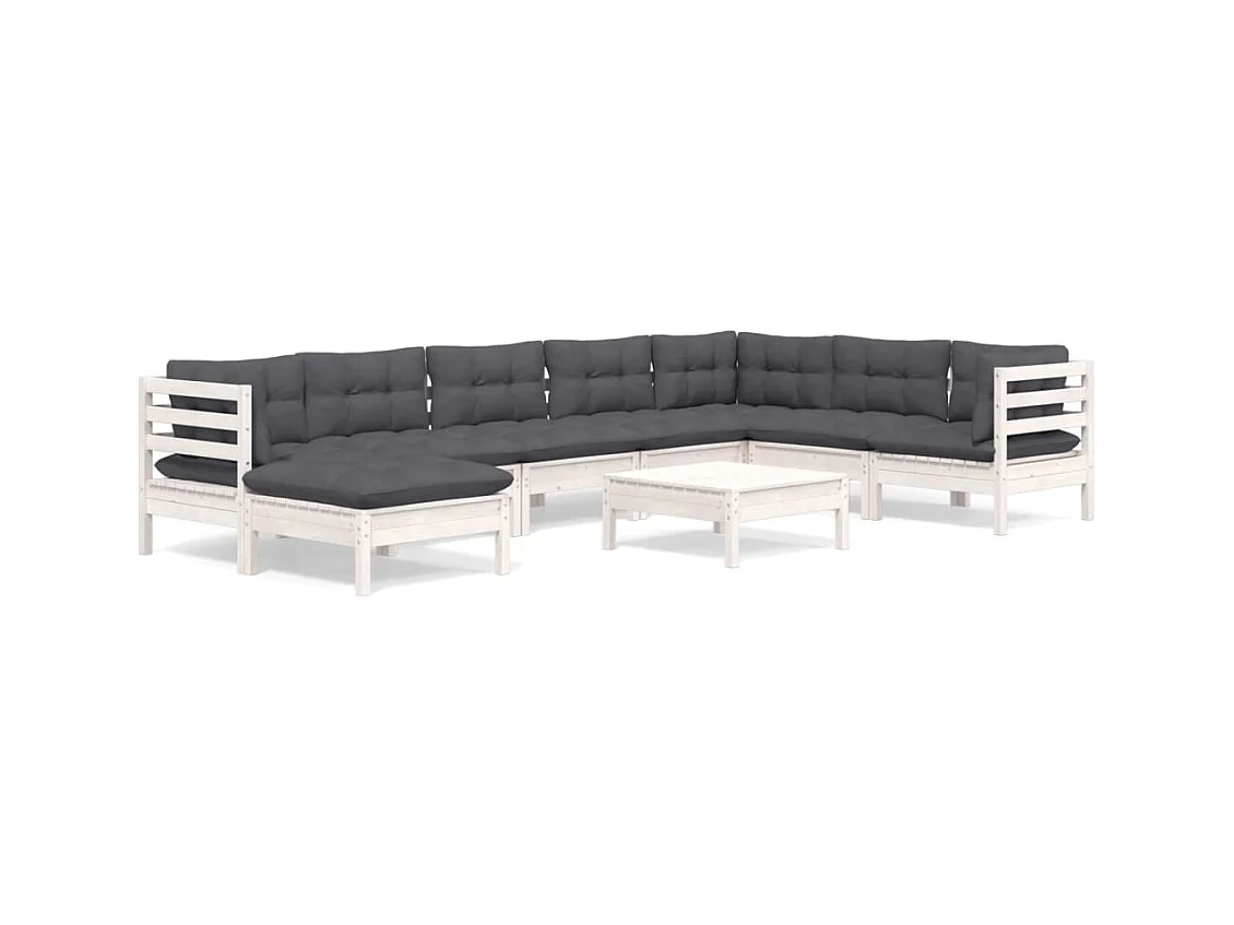 Salon de jardin 9 pcs avec coussins blanc bois de pin massif