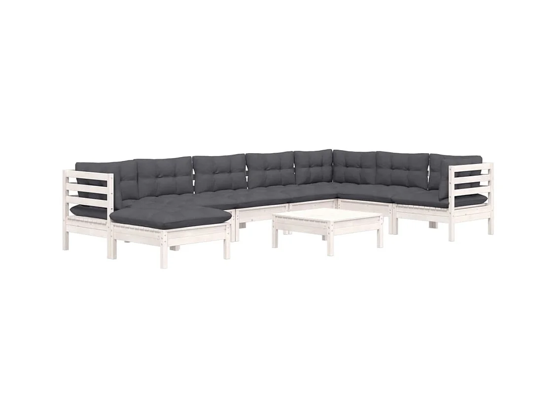Salon de jardin 9 pcs avec coussins blanc bois de pin massif