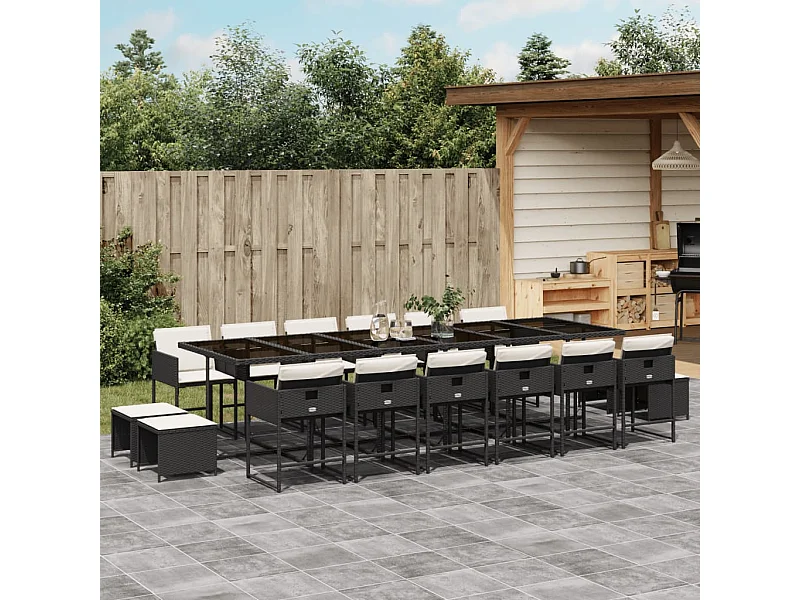 17 pcs conjunto de jantar p/ jardim c/ almofadões vime PE preto