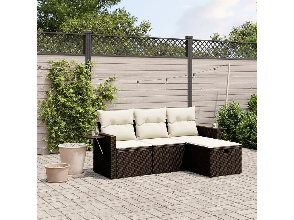 Salon de jardin 4 pcs avec coussins marron résine tressée