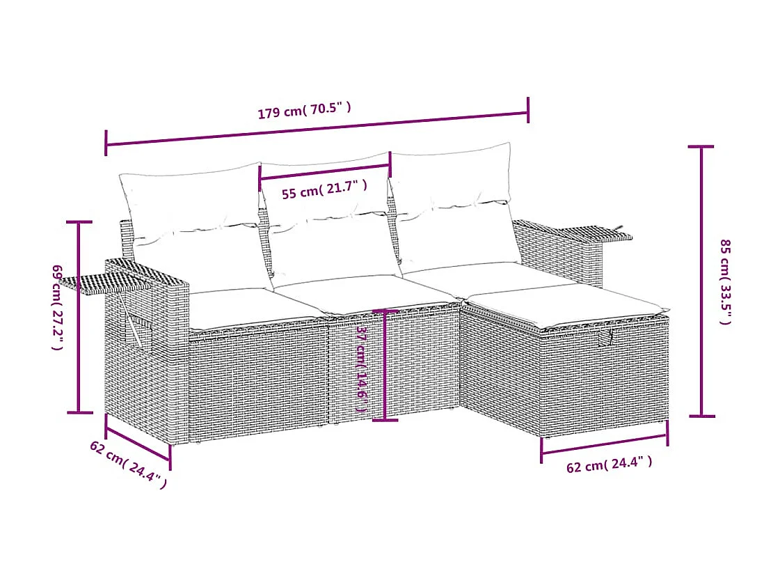 Salon de jardin 4 pcs avec coussins marron résine tressée