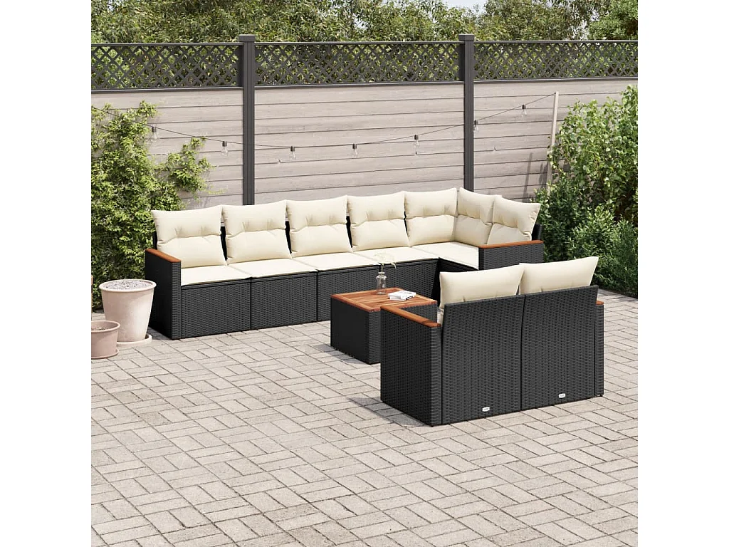 9-delige Loungeset met kussens poly rattan zwart
