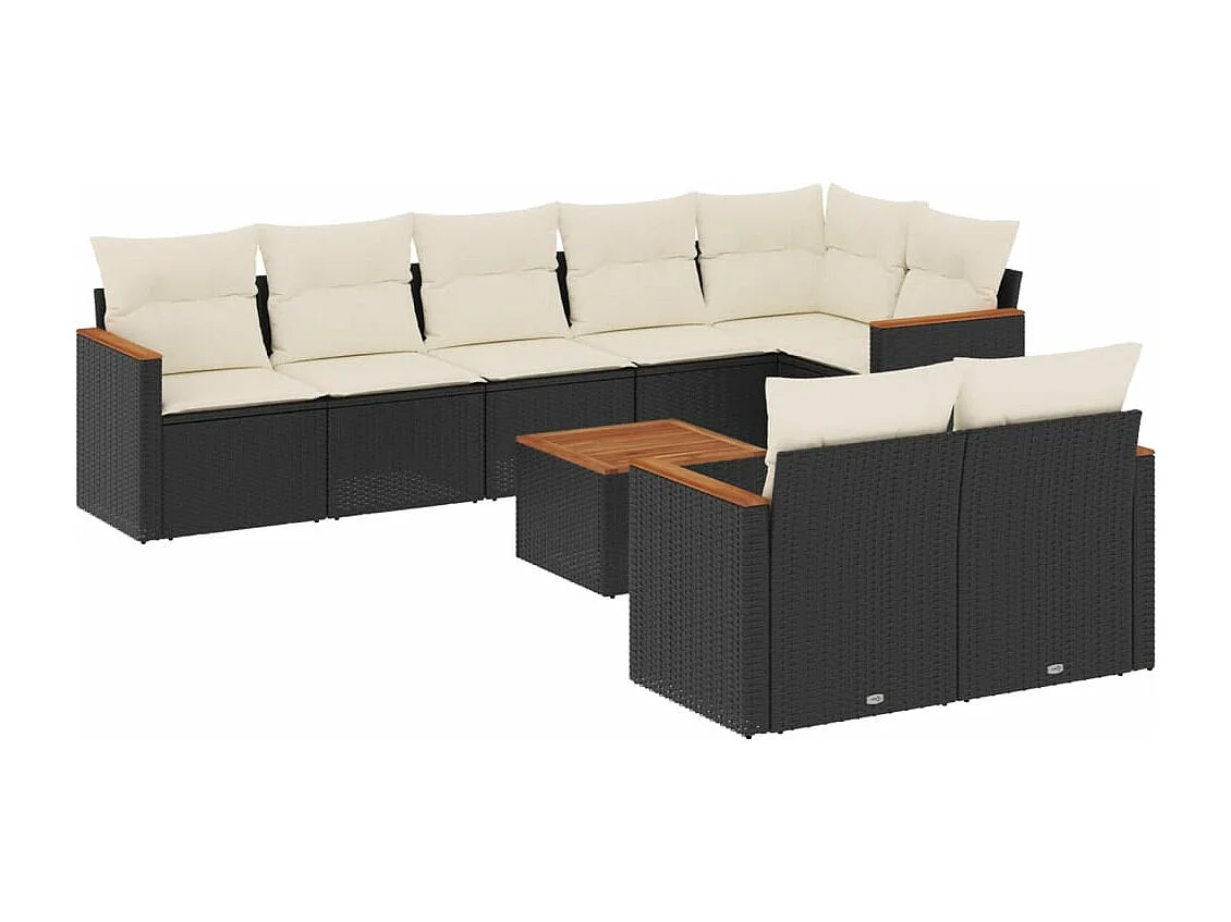 9-delige Loungeset met kussens poly rattan zwart