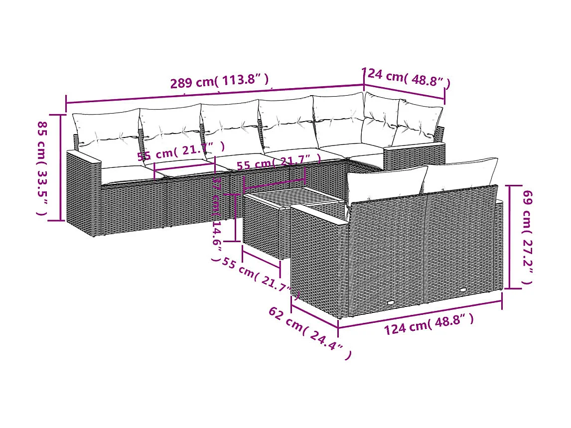 9-delige Loungeset met kussens poly rattan zwart