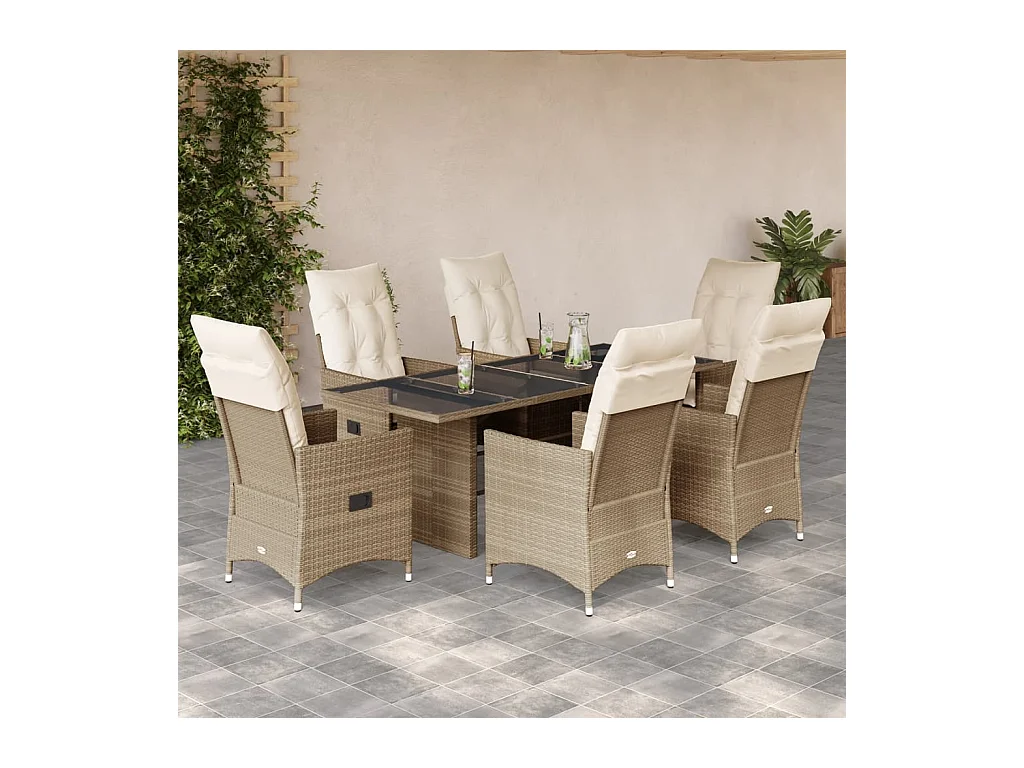 7-tlg. Garten-Essgruppe mit Kissen Beige Poly Rattan