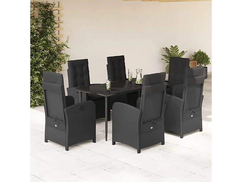 Ensemble à manger de jardin coussins 7pcs Noir Résine tressée